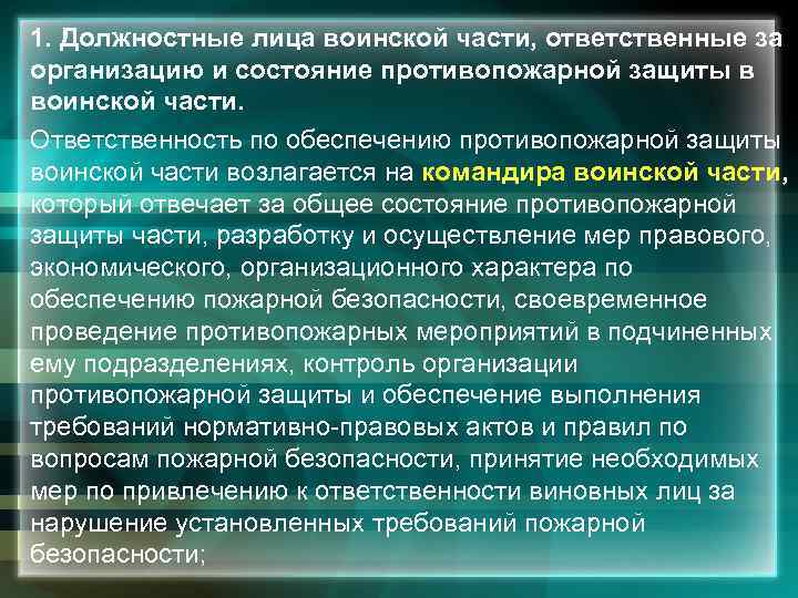 За организацию и состояние пожарной безопасности в полку отвечает