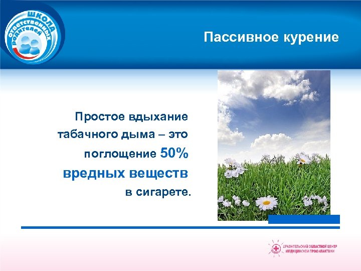 Пассивное курение Простое вдыхание табачного дыма – это поглощение 50% вредных веществ в сигарете.