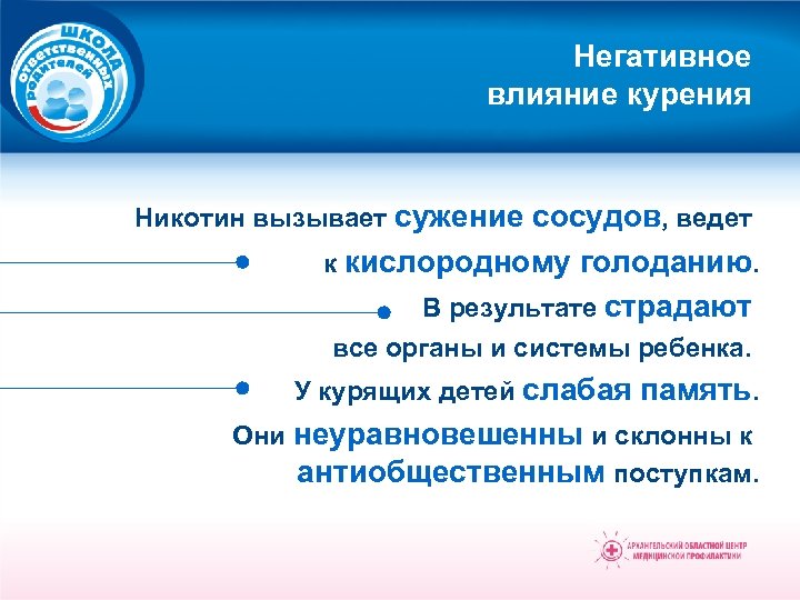 Негативное влияние курения Никотин вызывает сужение сосудов, ведет к кислородному голоданию. В результате страдают