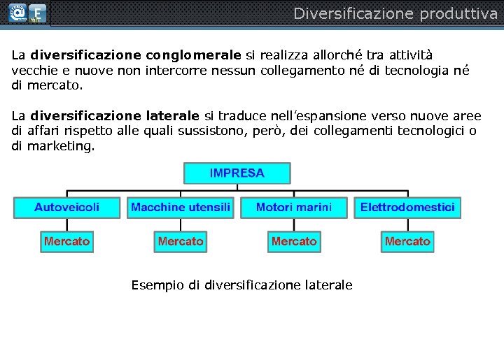 Diversificazione produttiva La diversificazione conglomerale si realizza allorché tra attività vecchie e nuove non