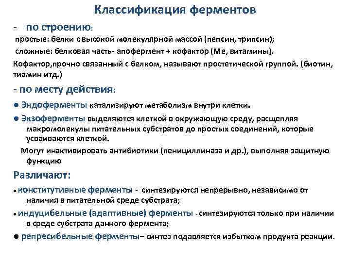 Классификация ферментов - по строению: простые: белки с высокой молекулярной массой (пепсин, трипсин); сложные: