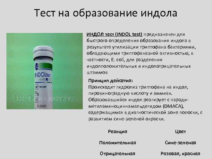 Тест на образование индола ИНДОЛ тест (INDOL test) предназначен для быстрого определения образования индола