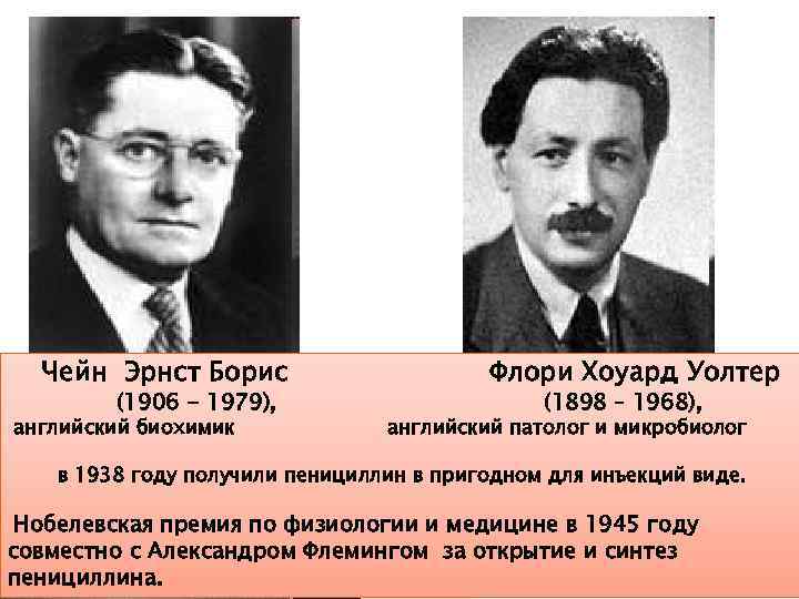 Чейн Эрнст Борис (1906 - 1979), английский биохимик Флори Хоуард Уолтер (1898 – 1968),