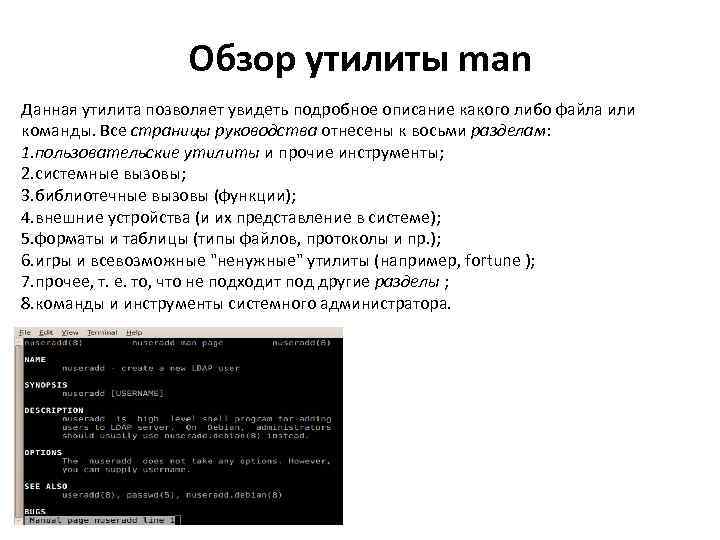 Обзор утилиты man Данная утилита позволяет увидеть подробное описание какого либо файла или команды.