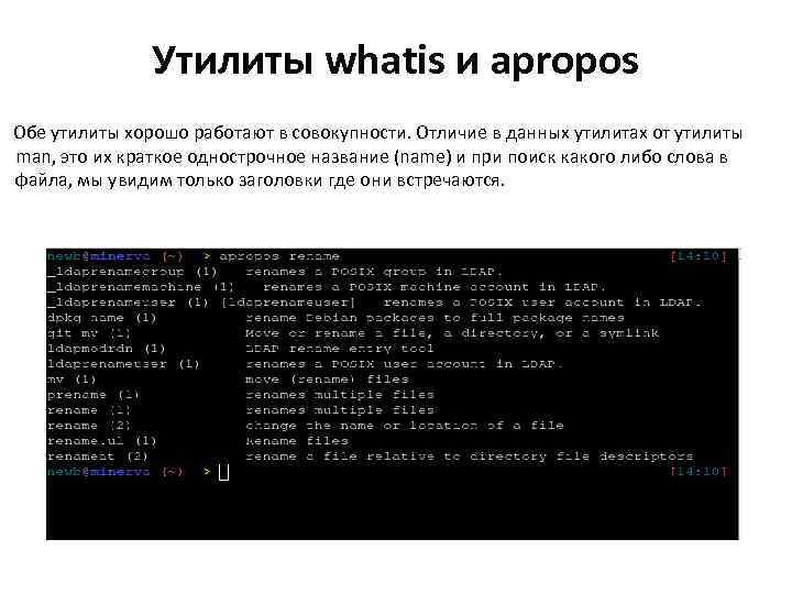 Утилиты whatis и apropos Обе утилиты хорошо работают в совокупности. Отличие в данных утилитах