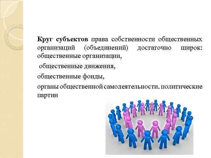 Круг субъектов права собственности общественных организаций (объединений) достаточно широк: общественные организации, общественные движения, общественные