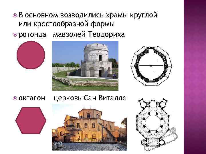  В основном возводились храмы круглой или крестообразной формы ротонда мавзолей Теодориха октагон церковь
