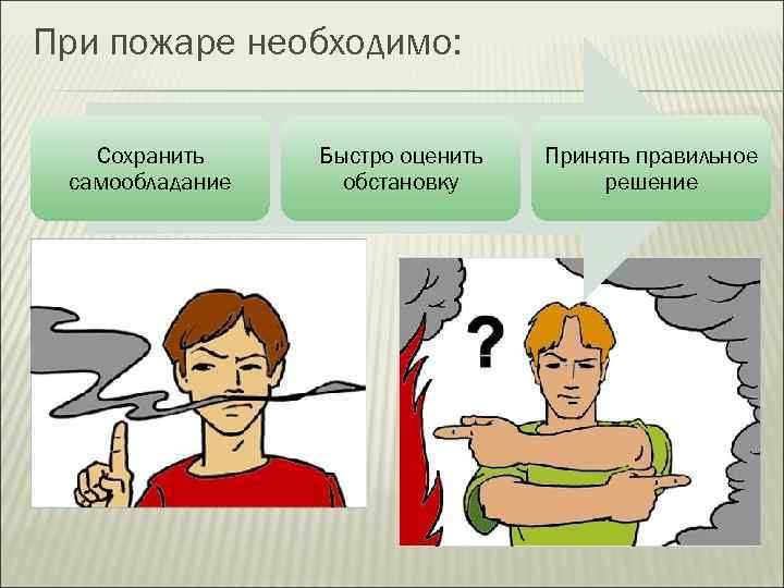 При пожаре необходимо: Сохранить самообладание Быстро оценить обстановку Принять правильное решение 