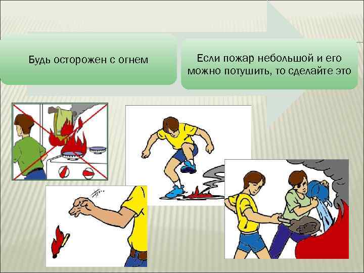 Будь осторожен с огнем Если пожар небольшой и его можно потушить, то сделайте это