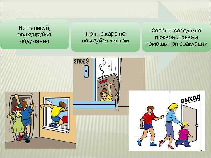 Не паникуй, эвакуируйся обдуманно При пожаре не пользуйся лифтом Сообщи соседям о пожаре и