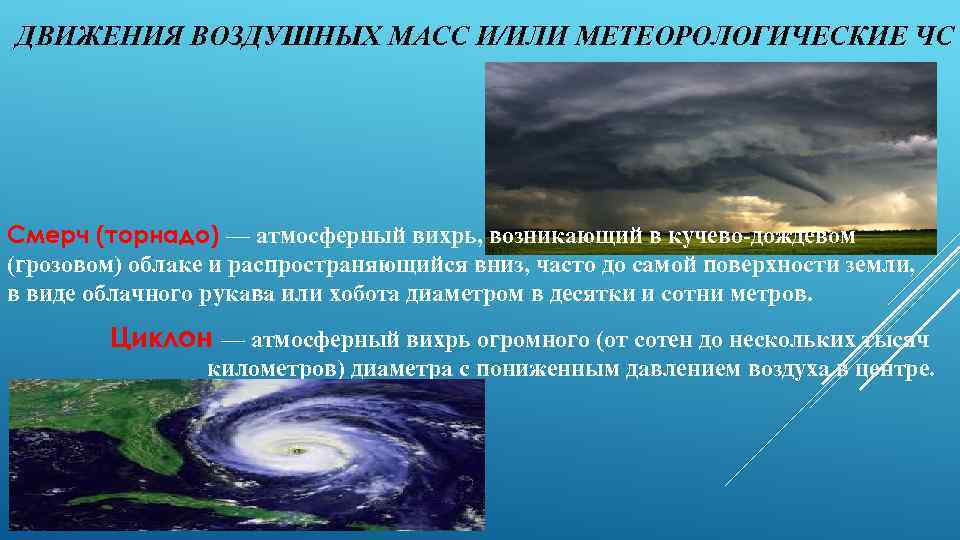 ДВИЖЕНИЯ ВОЗДУШНЫХ МАСС И/ИЛИ МЕТЕОРОЛОГИЧЕСКИЕ ЧС Смерч (торнадо) — атмосферный вихрь, возникающий в кучево-дождевом