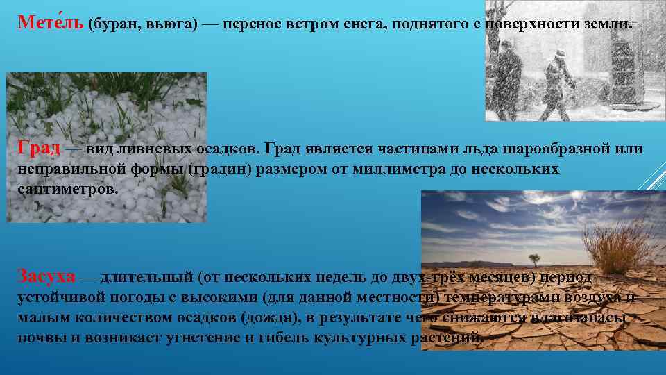 Мете ль (буран, вьюга) — перенос ветром снега, поднятого с поверхности земли. Град —