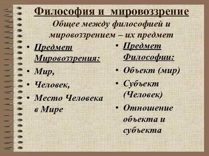 Философия и мировоззрение • • Общее между философией и мировоззрением – их предмет •