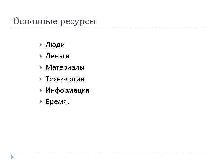 Основные ресурсы Люди Деньги Материалы Технологии Информация Время. 