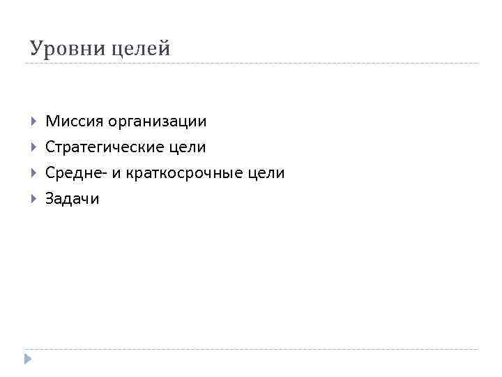 Уровни целей Миссия организации Стратегические цели Средне- и краткосрочные цели Задачи 