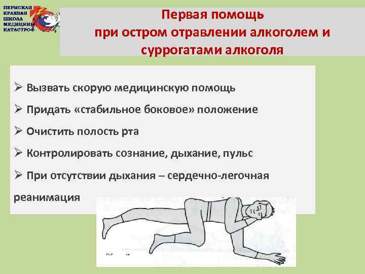 Первая помощь при остром отравлении алкоголем и суррогатами алкоголя Ø Вызвать скорую медицинскую помощь