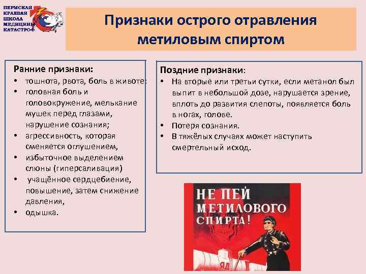 Признаки острого отравления метиловым спиртом Ранние признаки: • тошнота, рвота, боль в животе; •