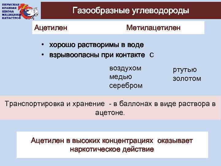 Газообразные углеводороды Ацетилен Метилацетилен • хорошо растворимы в воде • взрывоопасны при контакте с