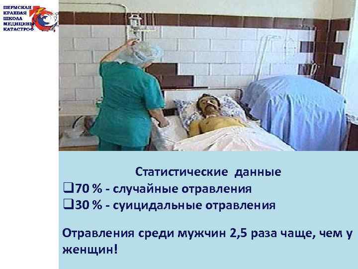 Статистические данные q 70 % - случайные отравления q 30 % - суицидальные отравления