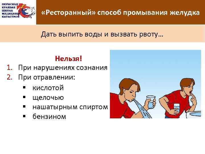  «Ресторанный» способ промывания желудка Дать выпить воды и вызвать рвоту… Нельзя! 1. При