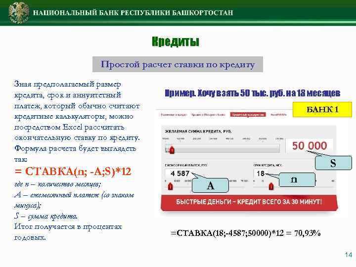 Кредиты Простой расчет ставки по кредиту Зная предполагаемый размер кредита, срок и аннуитетный платеж,