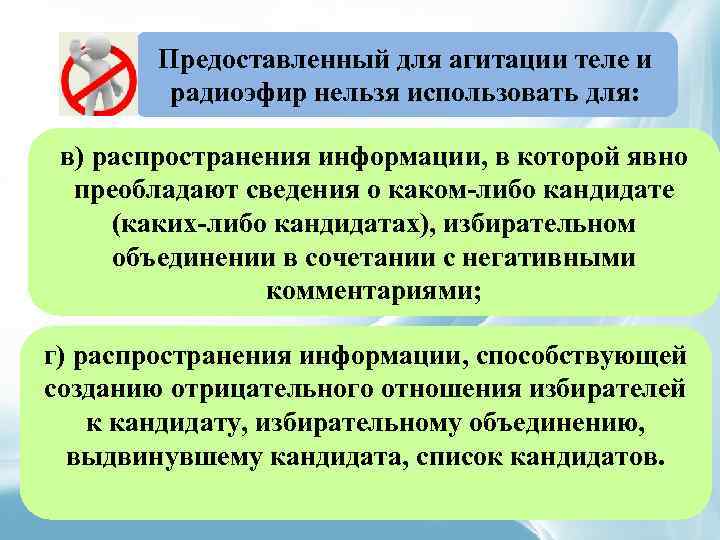 Предоставленный для агитации теле и радиоэфир нельзя использовать для: в) распространения информации, в которой