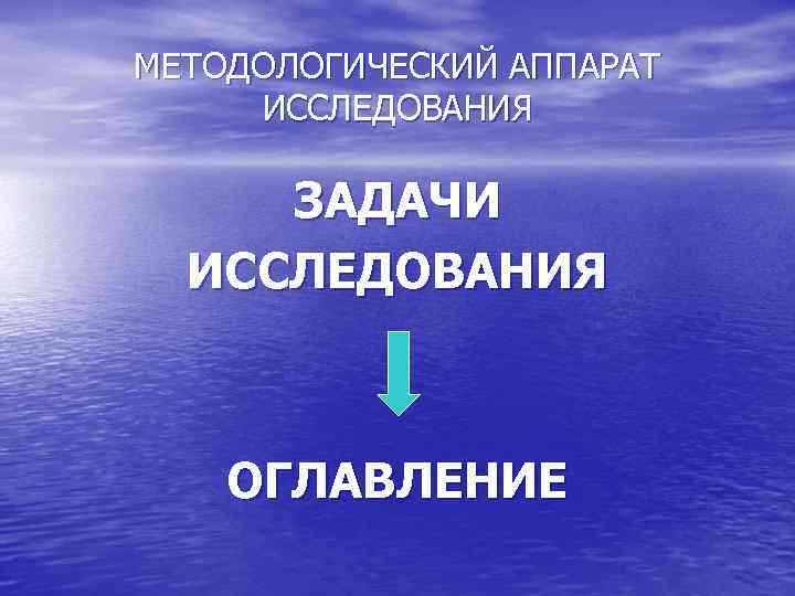 МЕТОДОЛОГИЧЕСКИЙ АППАРАТ ИССЛЕДОВАНИЯ ЗАДАЧИ ИССЛЕДОВАНИЯ ОГЛАВЛЕНИЕ 