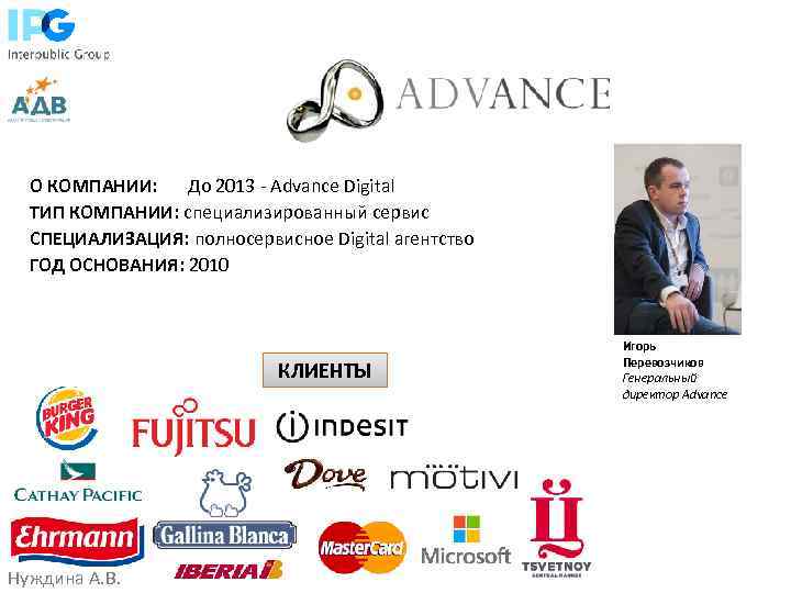 О КОМПАНИИ: До 2013 - Advance Digital ТИП КОМПАНИИ: специализированный сервис СПЕЦИАЛИЗАЦИЯ: полносервисное Digital