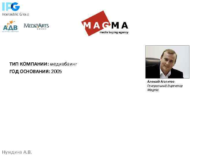 ТИП КОМПАНИИ: медиабаинг ГОД ОСНОВАНИЯ: 2005 Алексей Агапитов Генеральный директор Magma Нуждина А. В.