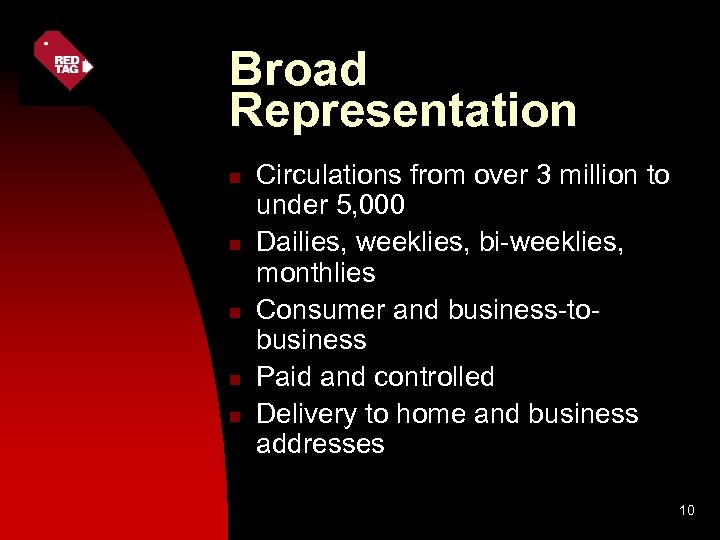 Broad Representation n n Circulations from over 3 million to under 5, 000 Dailies,