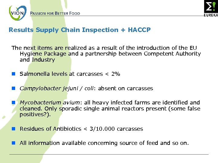 Results Supply Chain Inspection + HACCP The next items are realized as a result
