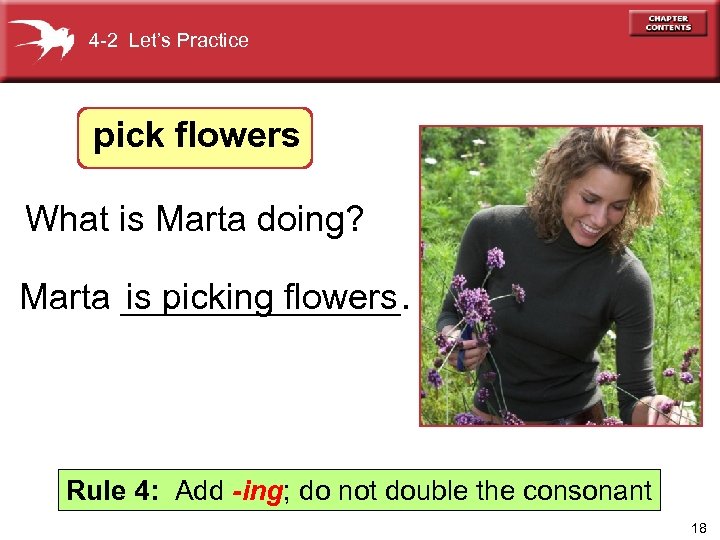 4 -2 Let’s Practice pick flowers What is Marta doing? Marta _______. is picking