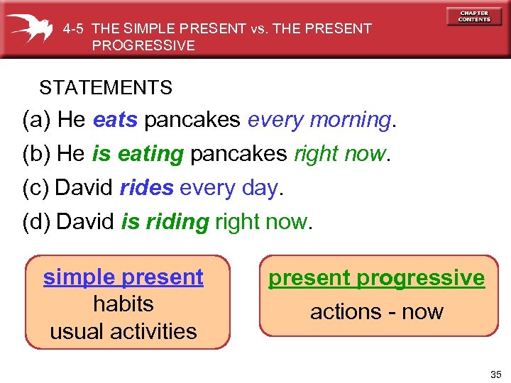 4 -5 THE SIMPLE PRESENT vs. THE PRESENT PROGRESSIVE STATEMENTS (a) He eats pancakes