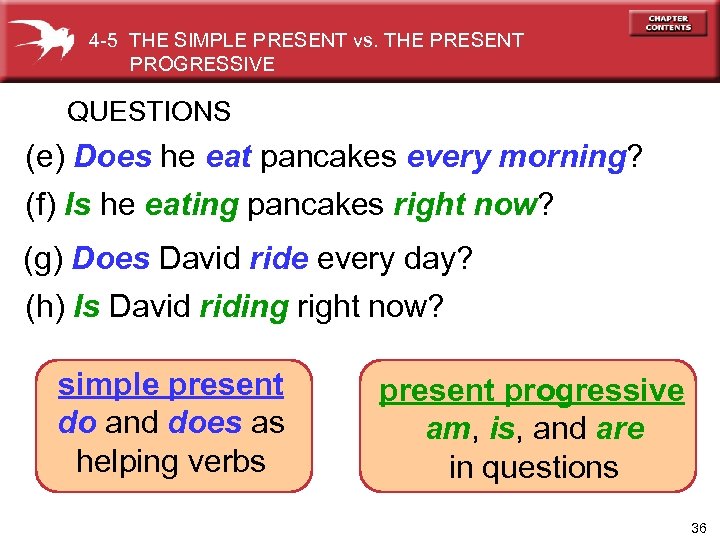 4 -5 THE SIMPLE PRESENT vs. THE PRESENT PROGRESSIVE QUESTIONS (e) Does he eat