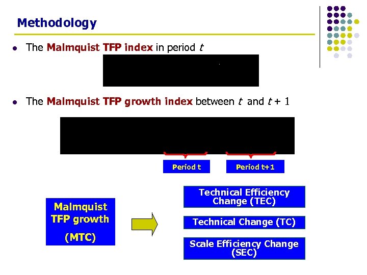 Methodology l The Malmquist TFP index in period t l The Malmquist TFP growth