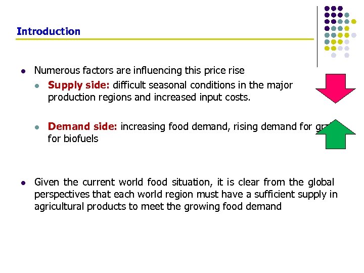 Introduction l Numerous factors are influencing this price rise l Supply side: difficult seasonal