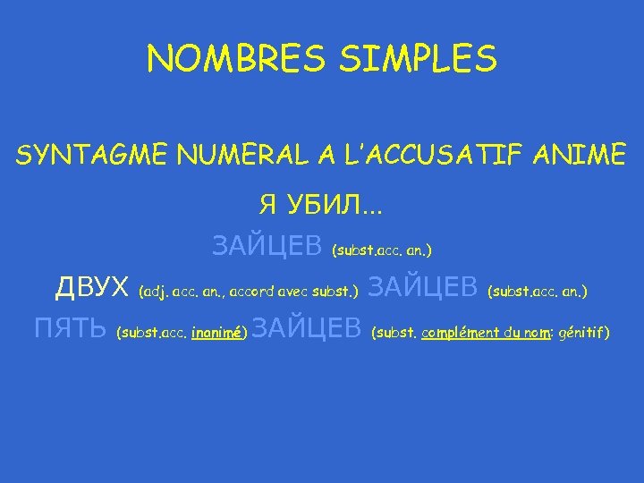 NOMBRES SIMPLES SYNTAGME NUMERAL A L’ACCUSATIF ANIME Я УБИЛ… ЗАЙЦЕВ ДВУХ ПЯТЬ (subst. acc.