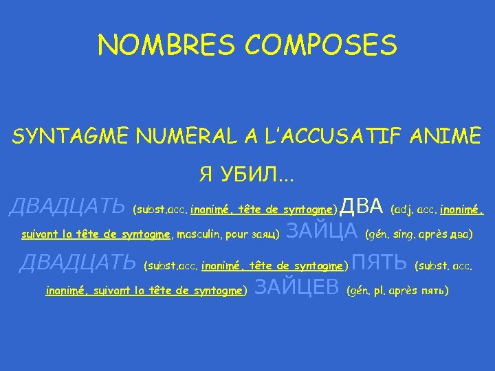 NOMBRES COMPOSES SYNTAGME NUMERAL A L’ACCUSATIF ANIME Я УБИЛ… ДВАДЦАТЬ ДВА (adj. acc. inanimé,