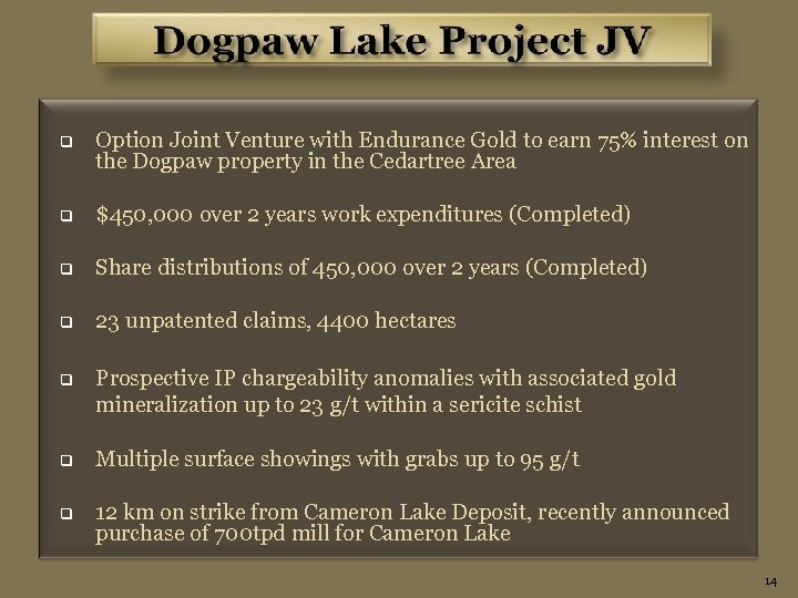 q Option Joint Venture with Endurance Gold to earn 75% interest on the Dogpaw