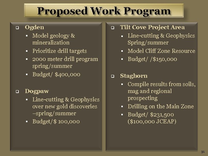 q q Ogden § Model geology & mineralization § Prioritize drill targets § 2000