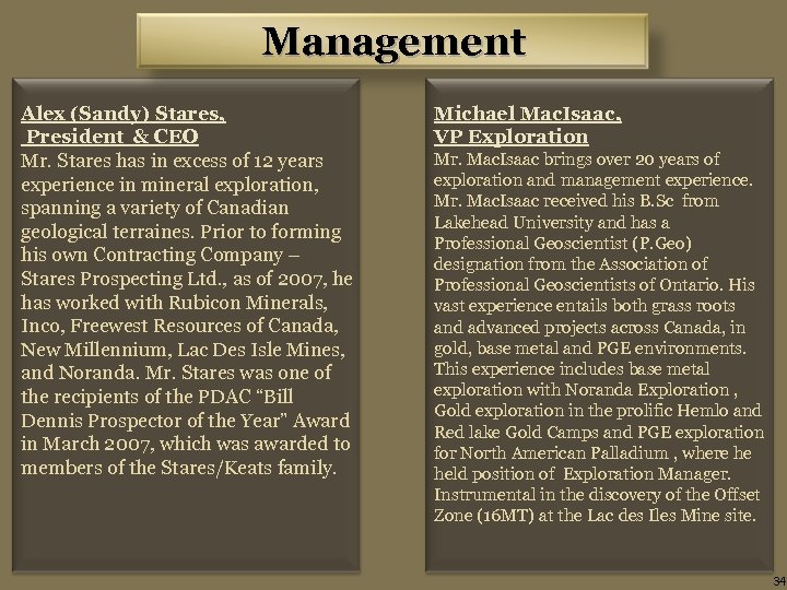 Management Alex (Sandy) Stares, President & CEO Mr. Stares has in excess of 12