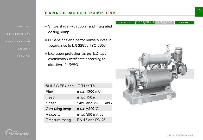15 CANNED MOTOR PUMP CNK CHEMICAL n ENERGY Single stage, with cooler and integrated