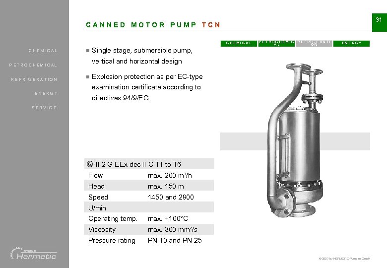 31 CANNED MOTOR PUMP TCN CHEMICAL n ENERGY Single stage, submersible pump, vertical and