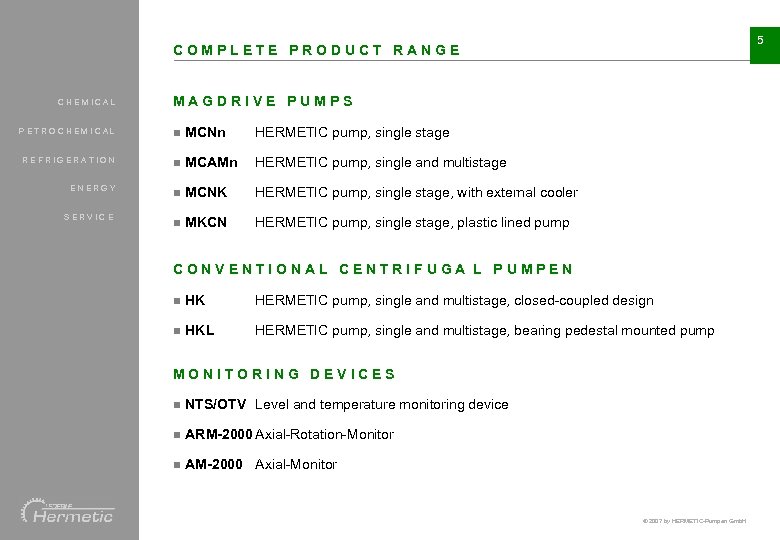 5 COMPLETE PRODUCT RANGE CHEMICAL MAGDRIVE PUMPS PETROCHEMICAL n MCNn HERMETIC pump, single stage