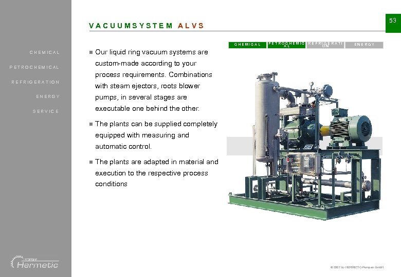 53 VACUUMSYSTEM ALVS CHEMICAL n PETROCHEMIC REFRIGERATI AL ON ENERGY Our liquid ring vacuum