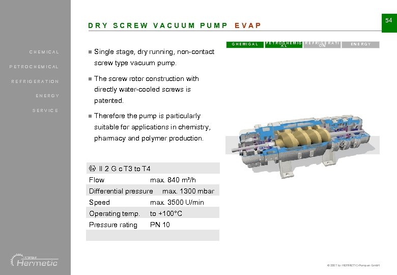 DRY SCREW VACUUM PUMP CHEMICAL n PETROCHEMIC REFRIGERATI AL ON ENERGY Single stage, dry