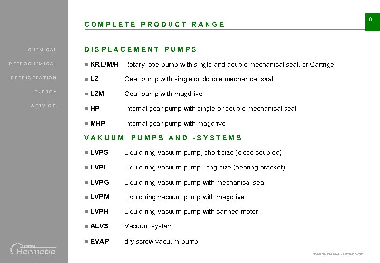 6 COMPLETE PRODUCT RANGE CHEMICAL DISPLACEMENT PUMPS PETROCHEMICAL n KRL/M/H Rotary lobe pump with