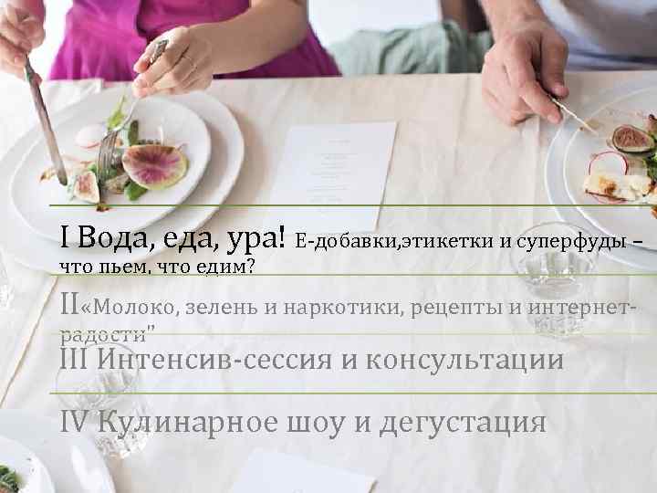 I Вода, еда, ура! Е-добавки, этикетки и суперфуды – что пьем, что едим? II