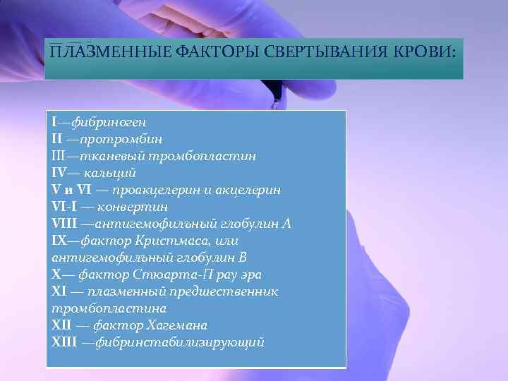 ПЛАЗМЕННЫЕ ФАКТОРЫ СВЕРТЫВАНИЯ КРОВИ: I—фибриноген II —протромбин III—тканевый тромбопластин IV— кальций V и VI