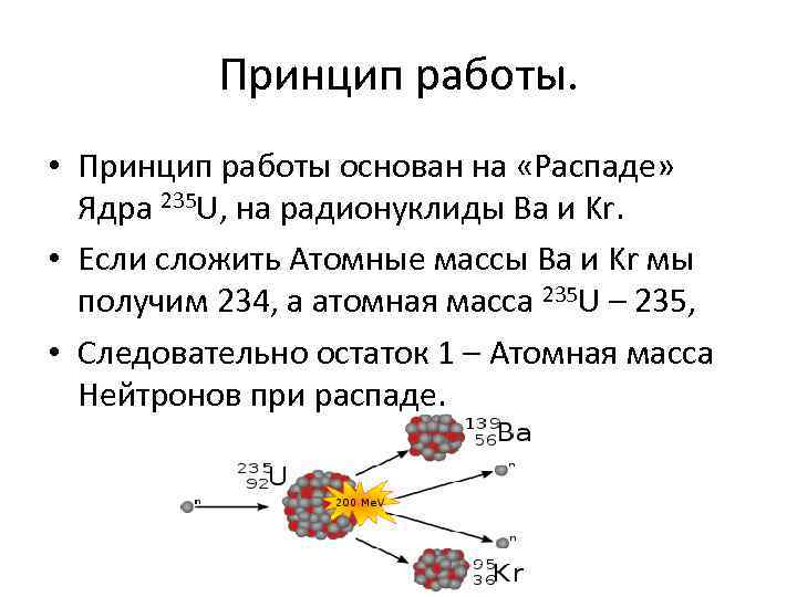 Принцип работы. • Принцип работы основан на «Распаде» Ядра 235 U, на радионуклиды Ba